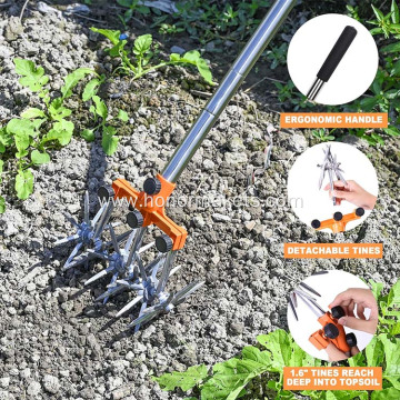 Rotary Cultivator Tool Adjustable garden Hand Tiller with Stainless Steel Pole for Soil Mixing or Reseeding Grass